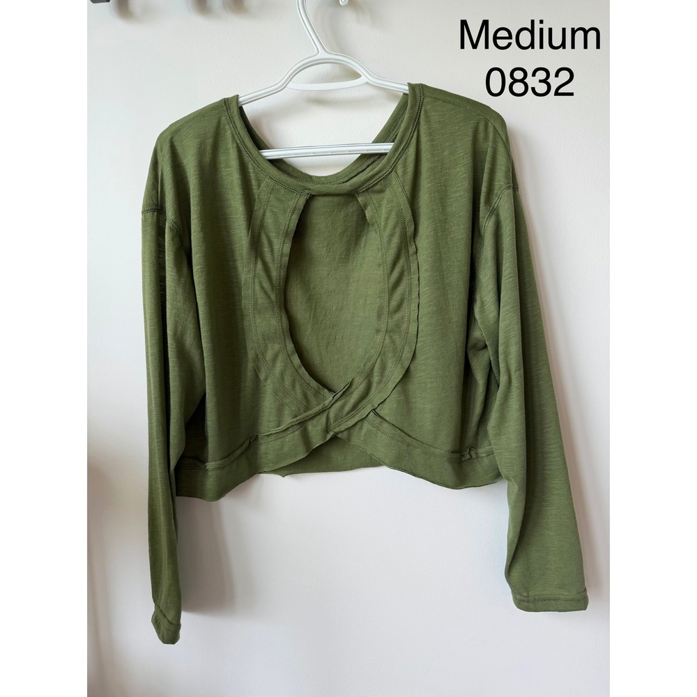 Olive Green Open Back Long Sleeve Crop Top Slub Knit Activewear Yoga Medium